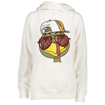 Thanksgiving Turkey Face With Gobble Sunglasses & Cap Womens Funnel Neck Pullover Hood