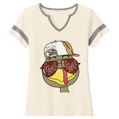 Thanksgiving Turkey Face With Gobble Sunglasses & Cap Ladies Halftime Notch Neck Tee