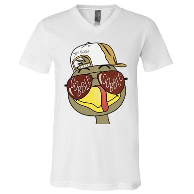 Thanksgiving Turkey Face With Gobble Sunglasses & Cap V-Neck T-Shirt