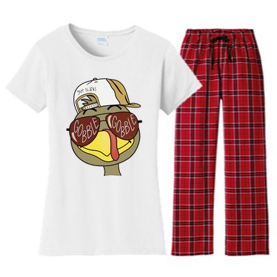 Thanksgiving Turkey Face With Gobble Sunglasses & Cap Women's Flannel Pajama Set