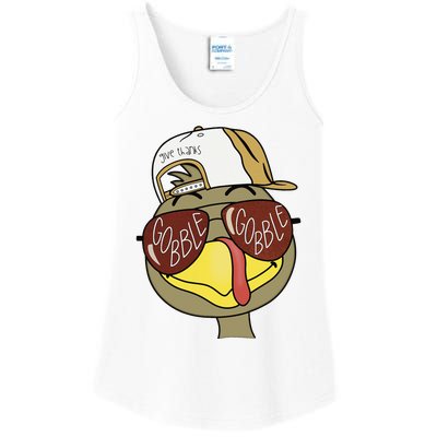 Thanksgiving Turkey Face With Gobble Sunglasses & Cap Ladies Essential Tank