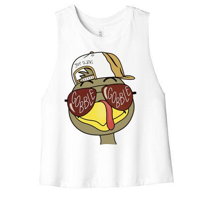 Thanksgiving Turkey Face With Gobble Sunglasses & Cap Women's Racerback Cropped Tank