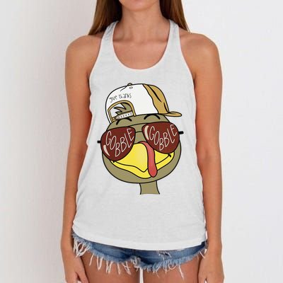 Thanksgiving Turkey Face With Gobble Sunglasses & Cap Women's Knotted Racerback Tank