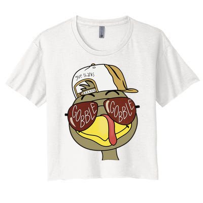 Thanksgiving Turkey Face With Gobble Sunglasses & Cap Women's Crop Top Tee