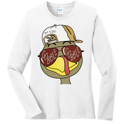 Thanksgiving Turkey Face With Gobble Sunglasses & Cap Ladies Long Sleeve Shirt