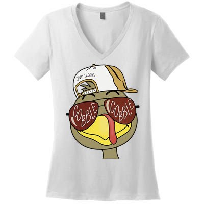 Thanksgiving Turkey Face With Gobble Sunglasses & Cap Women's V-Neck T-Shirt