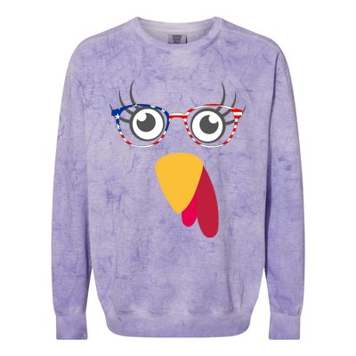 Thanksgiving Turkey Face With Usa Flag Glasses Gift Colorblast Crewneck Sweatshirt