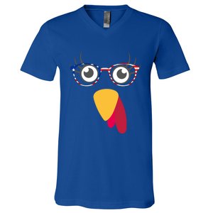 Thanksgiving Turkey Face With Usa Flag Glasses Gift V-Neck T-Shirt