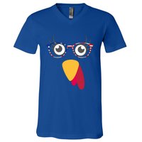 Thanksgiving Turkey Face With Usa Flag Glasses Gift V-Neck T-Shirt