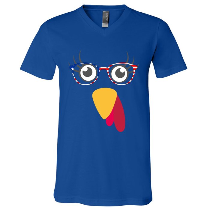 Thanksgiving Turkey Face With Usa Flag Glasses Gift V-Neck T-Shirt