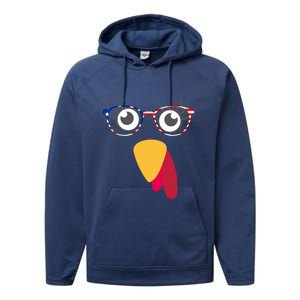 Thanksgiving Turkey Face With Usa Flag Glasses Gift Performance Fleece Hoodie