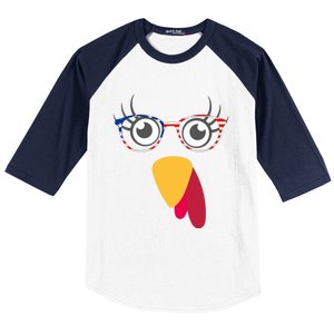 Thanksgiving Turkey Face With Usa Flag Glasses Gift Baseball Sleeve Shirt