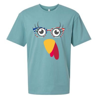 Thanksgiving Turkey Face With Usa Flag Glasses Gift Sueded Cloud Jersey T-Shirt