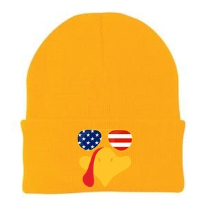 Thanksgiving Turkey Face With Usa Flag Glasses Gift Knit Cap Winter Beanie