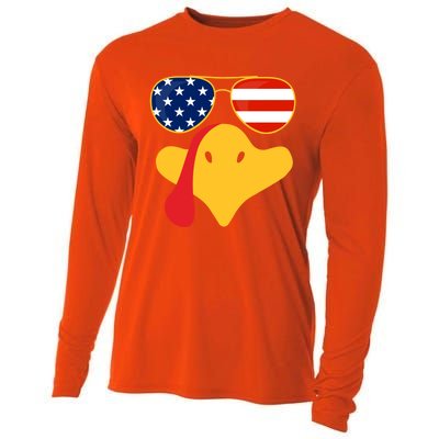 Thanksgiving Turkey Face With Usa Flag Glasses Gift Cooling Performance Long Sleeve Crew