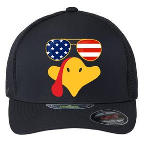 Thanksgiving Turkey Face With Usa Flag Glasses Gift Flexfit Unipanel Trucker Cap