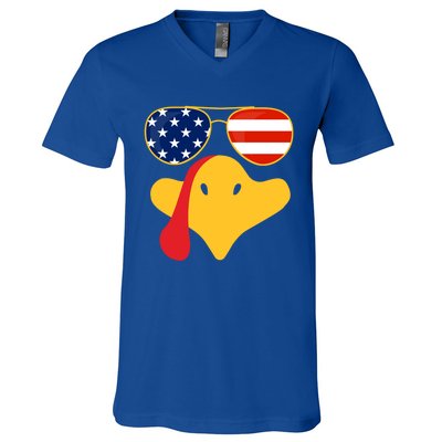 Thanksgiving Turkey Face With Usa Flag Glasses Gift V-Neck T-Shirt