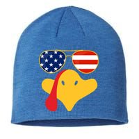 Thanksgiving Turkey Face With Usa Flag Glasses Gift Sustainable Beanie