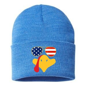 Thanksgiving Turkey Face With Usa Flag Glasses Gift Sustainable Knit Beanie