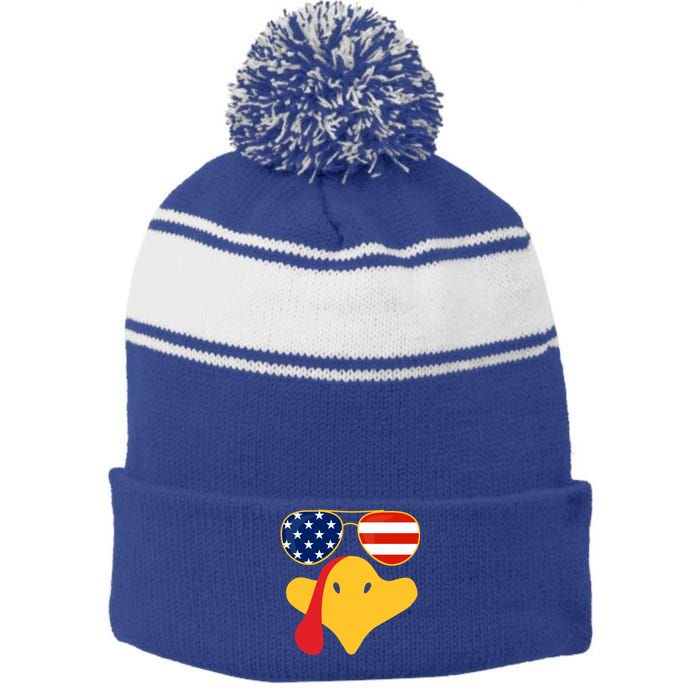 Thanksgiving Turkey Face With Usa Flag Glasses Gift Stripe Pom Pom Beanie