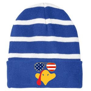 Thanksgiving Turkey Face With Usa Flag Glasses Gift Striped Beanie with Solid Band