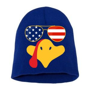 Thanksgiving Turkey Face With Usa Flag Glasses Gift Short Acrylic Beanie