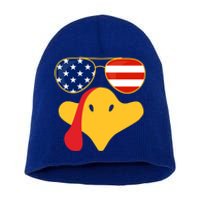 Thanksgiving Turkey Face With Usa Flag Glasses Gift Short Acrylic Beanie