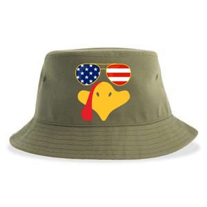 Thanksgiving Turkey Face With Usa Flag Glasses Gift Sustainable Bucket Hat