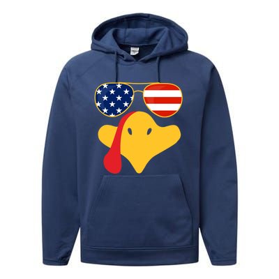 Thanksgiving Turkey Face With Usa Flag Glasses Gift Performance Fleece Hoodie