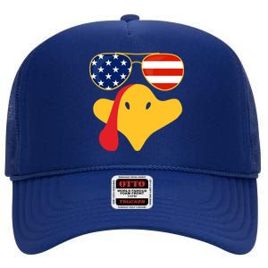 Thanksgiving Turkey Face With Usa Flag Glasses Gift High Crown Mesh Back Trucker Hat