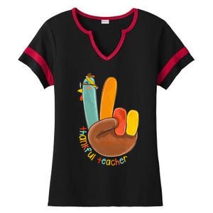 Thankful Teacher Funny Thanksgiving Peace Hand Sign Turkey Ladies Halftime Notch Neck Tee