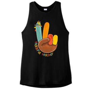 Thankful Teacher Funny Thanksgiving Peace Hand Sign Turkey Ladies PosiCharge Tri-Blend Wicking Tank