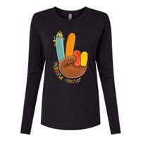 Thankful Teacher Funny Thanksgiving Peace Hand Sign Turkey Womens Cotton Relaxed Long Sleeve T-Shirt