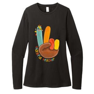 Thankful Teacher Funny Thanksgiving Peace Hand Sign Turkey Womens CVC Long Sleeve Shirt