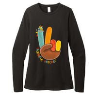 Thankful Teacher Funny Thanksgiving Peace Hand Sign Turkey Womens CVC Long Sleeve Shirt