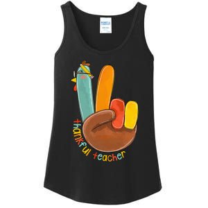 Thankful Teacher Funny Thanksgiving Peace Hand Sign Turkey Ladies Essential Tank