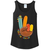 Thankful Teacher Funny Thanksgiving Peace Hand Sign Turkey Ladies Essential Tank