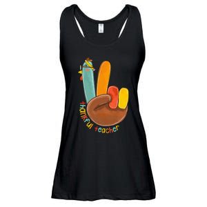 Thankful Teacher Funny Thanksgiving Peace Hand Sign Turkey Ladies Essential Flowy Tank