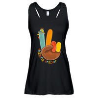 Thankful Teacher Funny Thanksgiving Peace Hand Sign Turkey Ladies Essential Flowy Tank