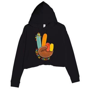 Thankful Teacher Funny Thanksgiving Peace Hand Sign Turkey Crop Fleece Hoodie