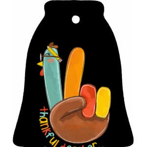 Thankful Teacher Funny Thanksgiving Peace Hand Sign Turkey Ceramic Bell Ornament