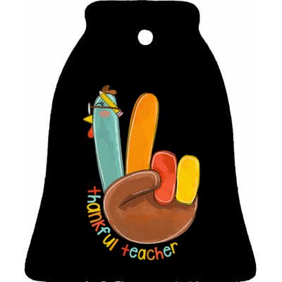 Thankful Teacher Funny Thanksgiving Peace Hand Sign Turkey Ceramic Bell Ornament