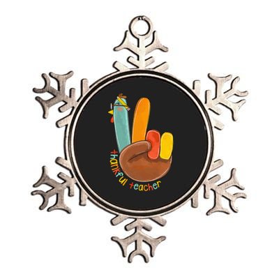 Thankful Teacher Funny Thanksgiving Peace Hand Sign Turkey Metallic Star Ornament