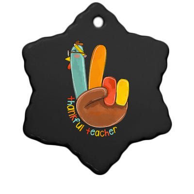 Thankful Teacher Funny Thanksgiving Peace Hand Sign Turkey Ceramic Star Ornament