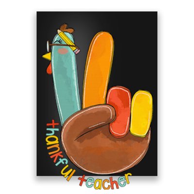 Thankful Teacher Funny Thanksgiving Peace Hand Sign Turkey Poster