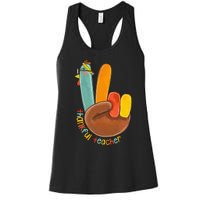 Thankful Teacher Funny Thanksgiving Peace Hand Sign Turkey Women's Racerback Tank