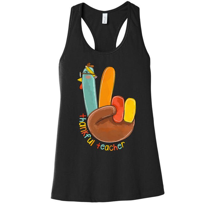 Thankful Teacher Funny Thanksgiving Peace Hand Sign Turkey Women's Racerback Tank