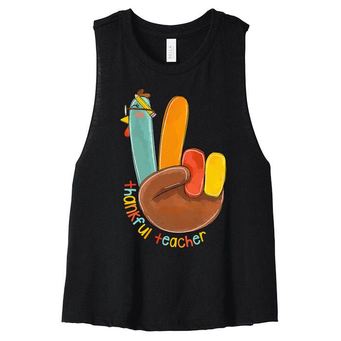 Thankful Teacher Funny Thanksgiving Peace Hand Sign Turkey Women's Racerback Cropped Tank