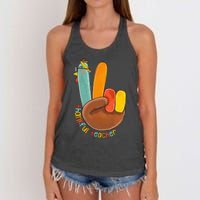 Thankful Teacher Funny Thanksgiving Peace Hand Sign Turkey Women's Knotted Racerback Tank