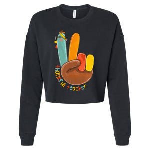 Thankful Teacher Funny Thanksgiving Peace Hand Sign Turkey Cropped Pullover Crew